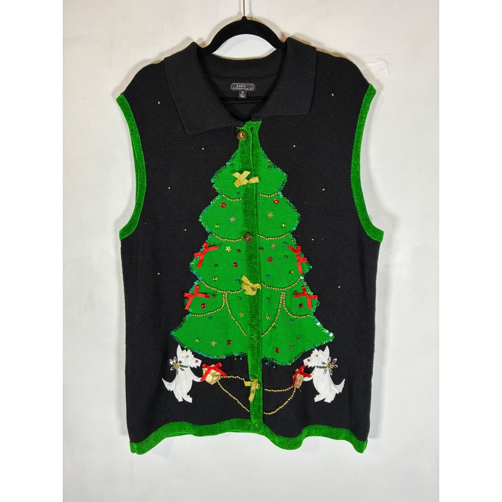 Lisa International 1X Ugly Christmas Sweater Vest Tree Dogs Bells Sequins